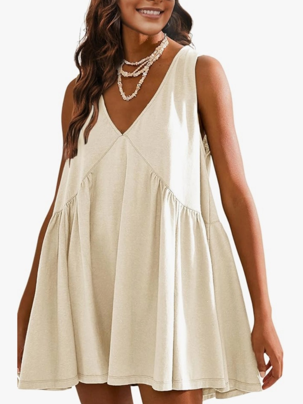 Cotton Cream V-Neck Swing Mini Dress